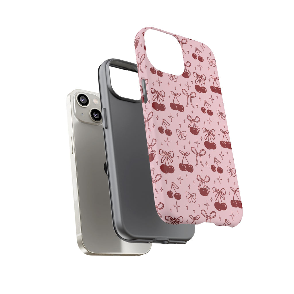 Cherry Pattern Phone Case — Cute Pink Cherries with Bows Durable Tough Case