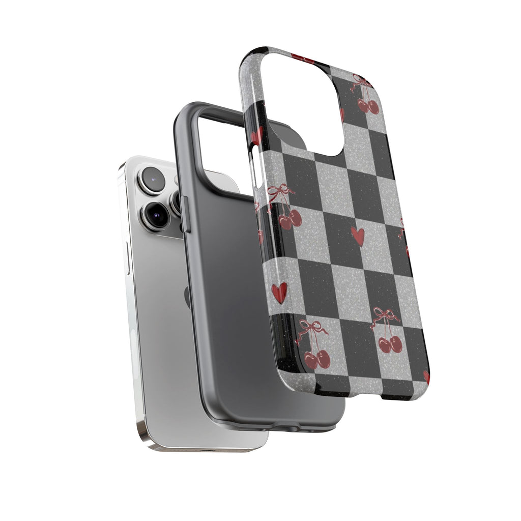 Cherry Checker Phone Case — Retro Black & White Plaid with Red Hearts