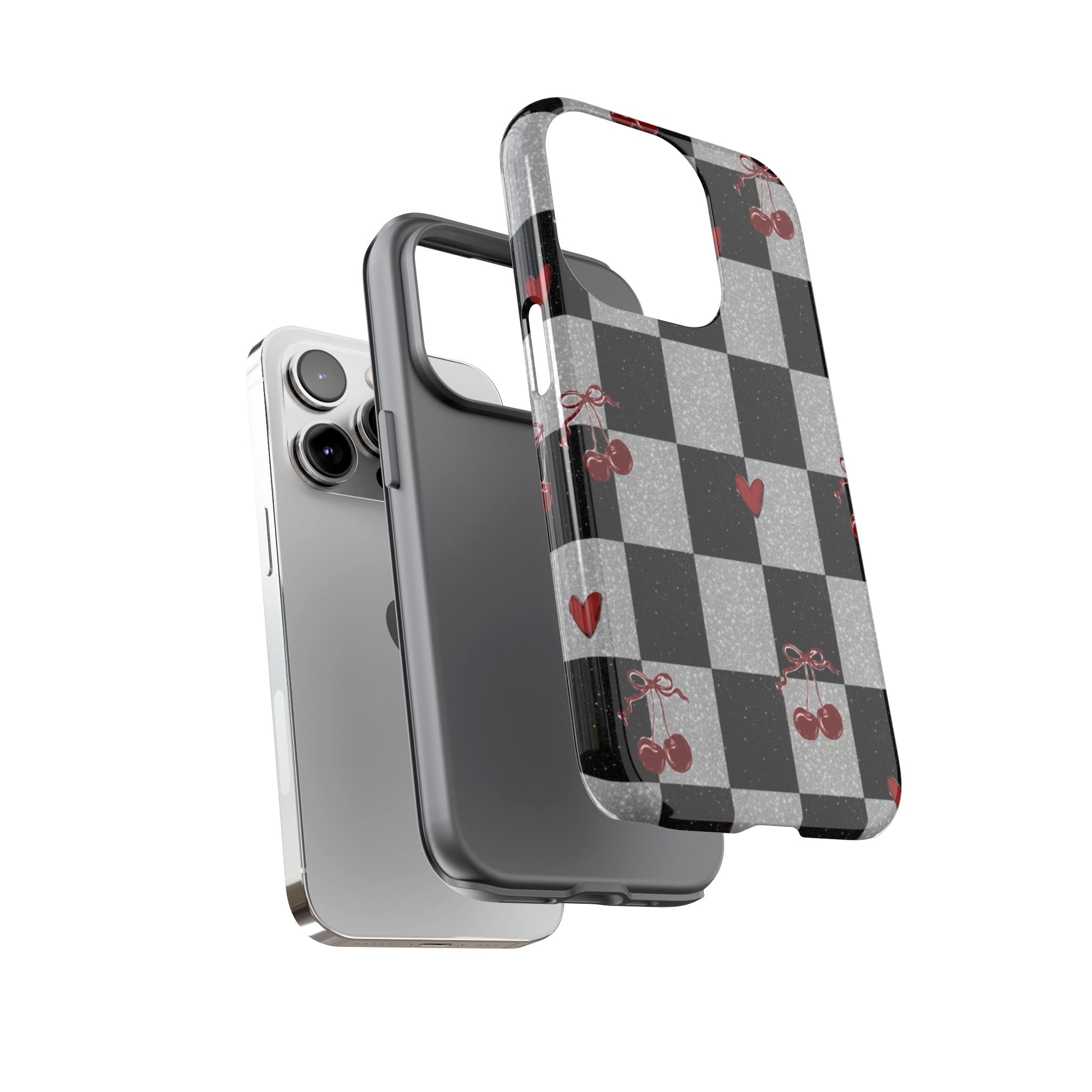 Cherry Checker Phone Case — Retro Black & White Plaid with Red Hearts