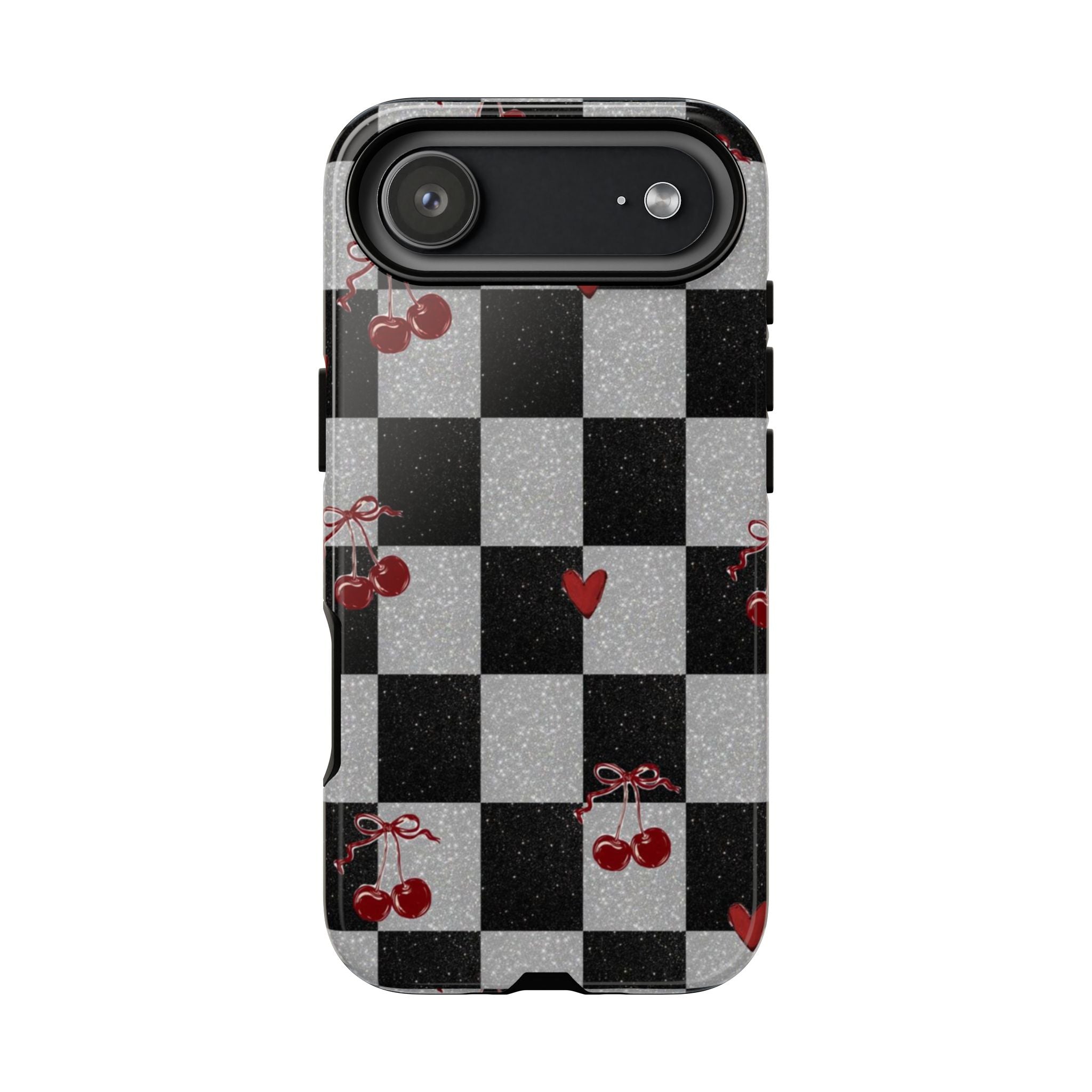 Cherry Checker Phone Case — Retro Black & White Plaid with Red Hearts