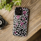 Phone Case — Black & White Cow Print with Pink Hand-Drawn Hearts