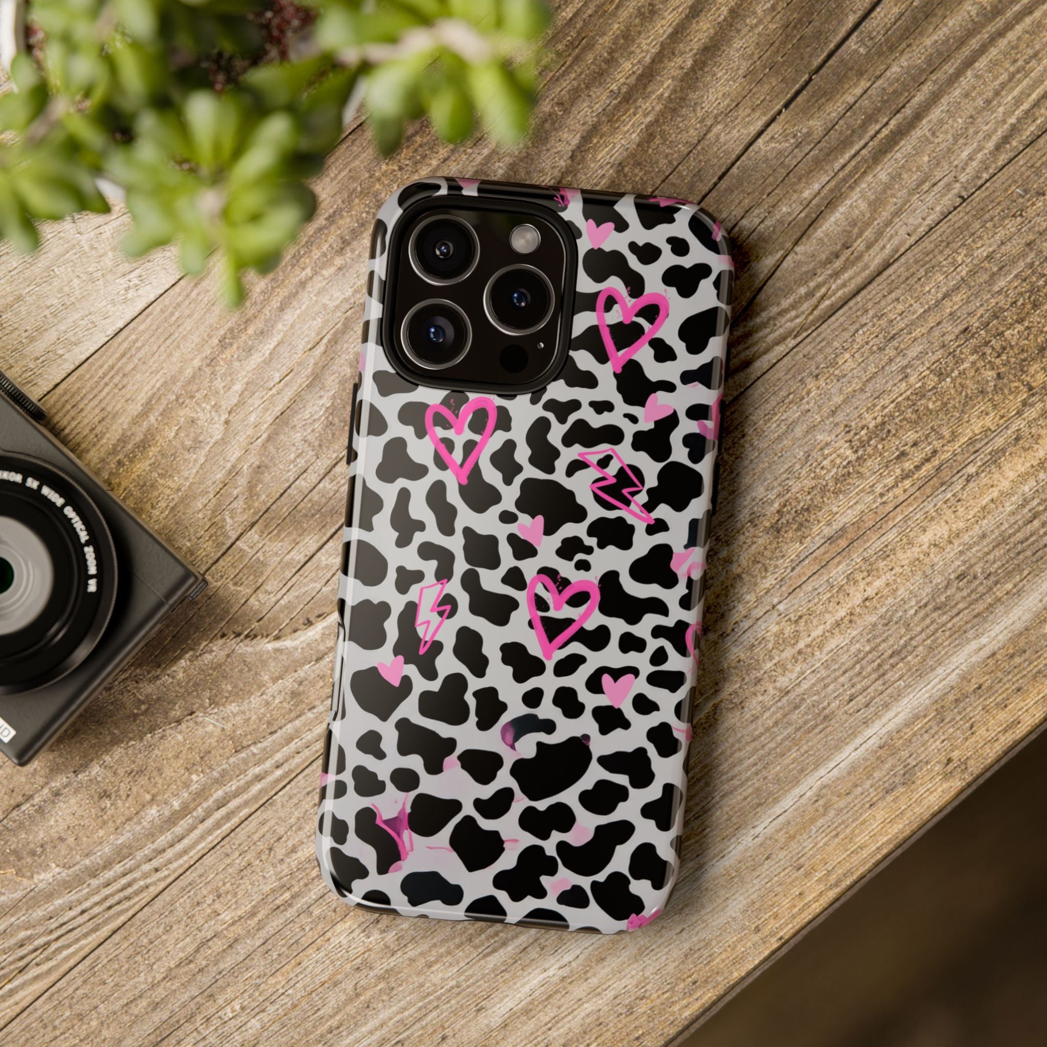 Phone Case — Black & White Cow Print with Pink Hand-Drawn Hearts