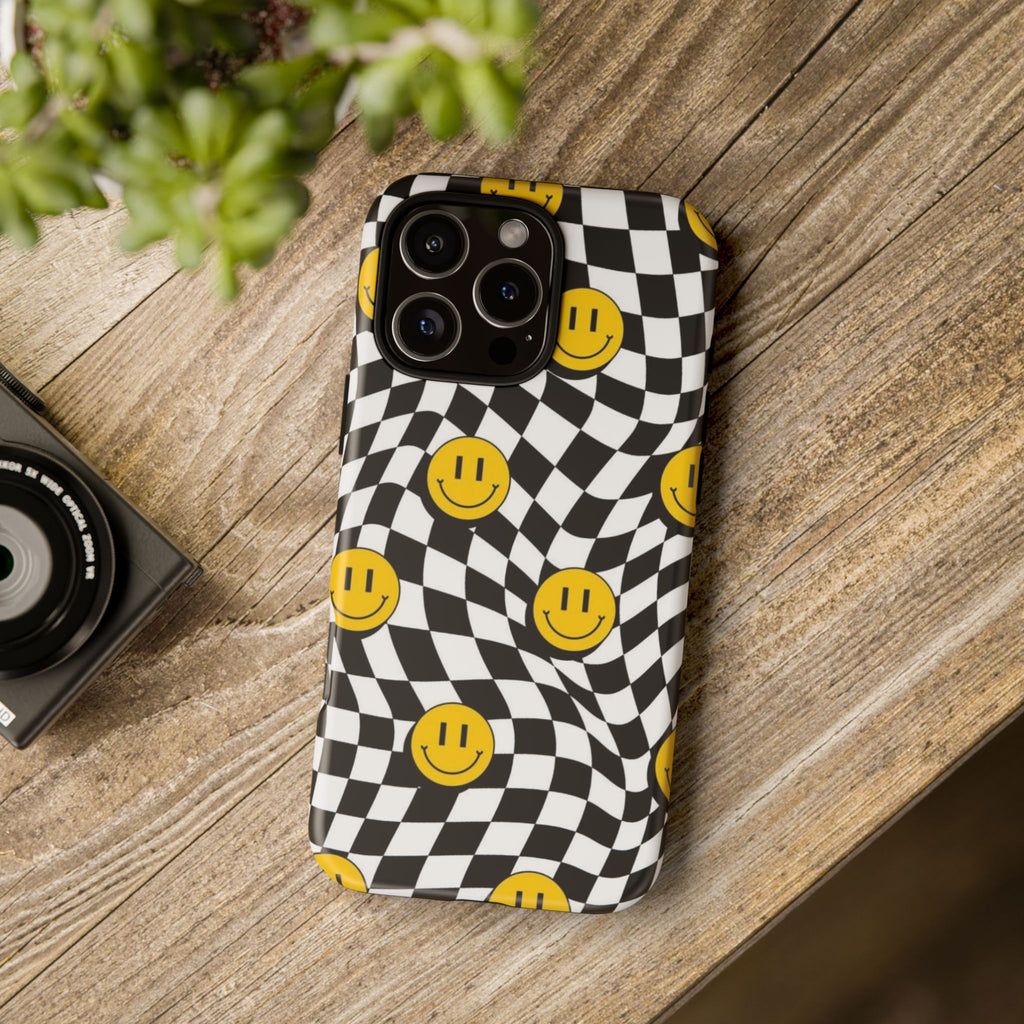 Smiley Checkerboard Tough Phone Case — Retro Wavy Black & White Design