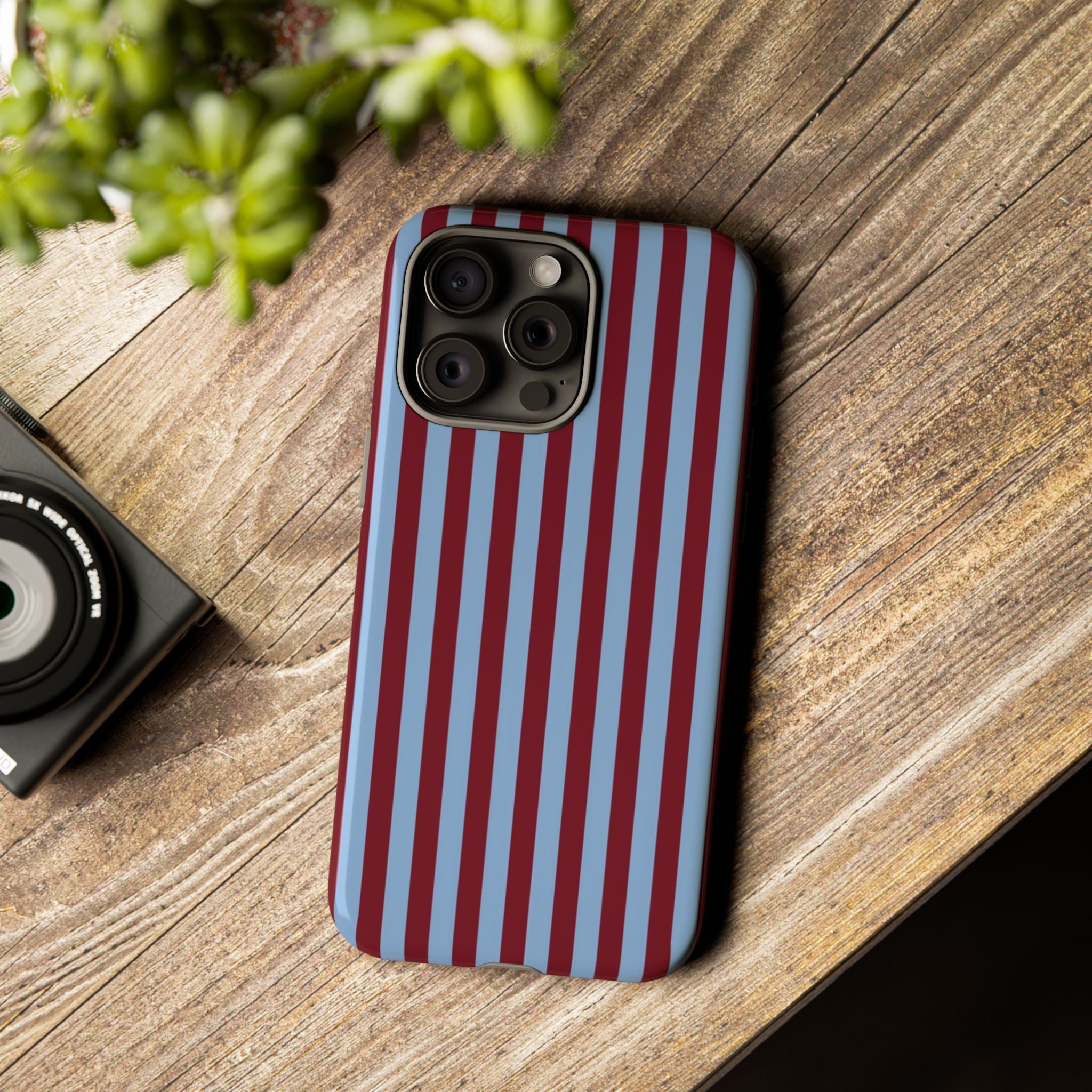 Striped Tough Phone Case — Blue & Burgundy Vertical Stripe Protective Cover