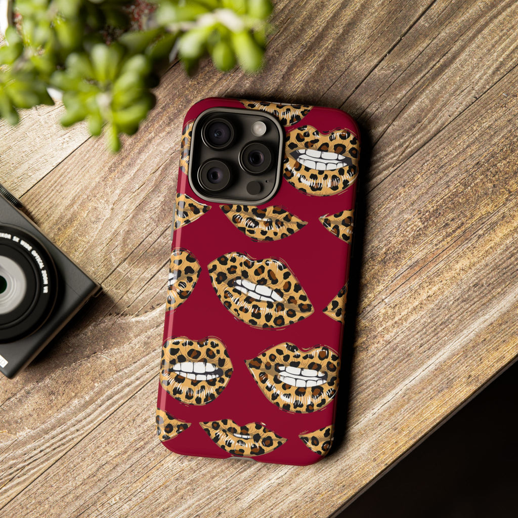 Phone Case — Leopard Lips Pattern on Burgundy