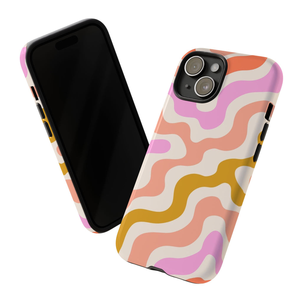 Retro Wavy Pattern Tough Phone Case — Pink, Peach & Mustard Abstract Design