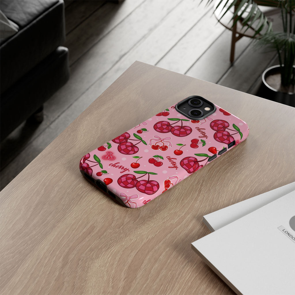 Cherry Pattern Tough Phone Case — Pink Cute Fruit iPhone Case with "cherry"