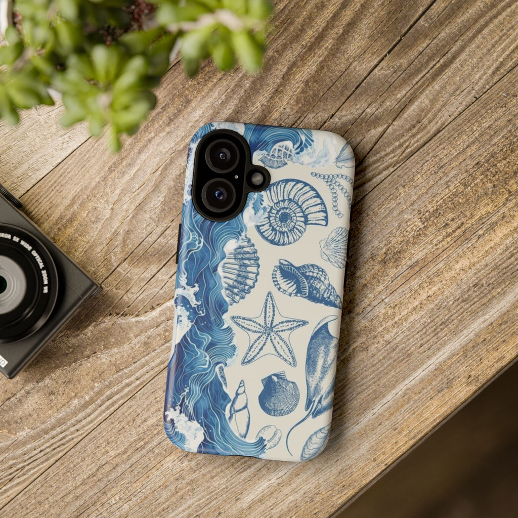 Ocean Shells Tough Phone Case — Blue Nautical Seashell iPhone Cover