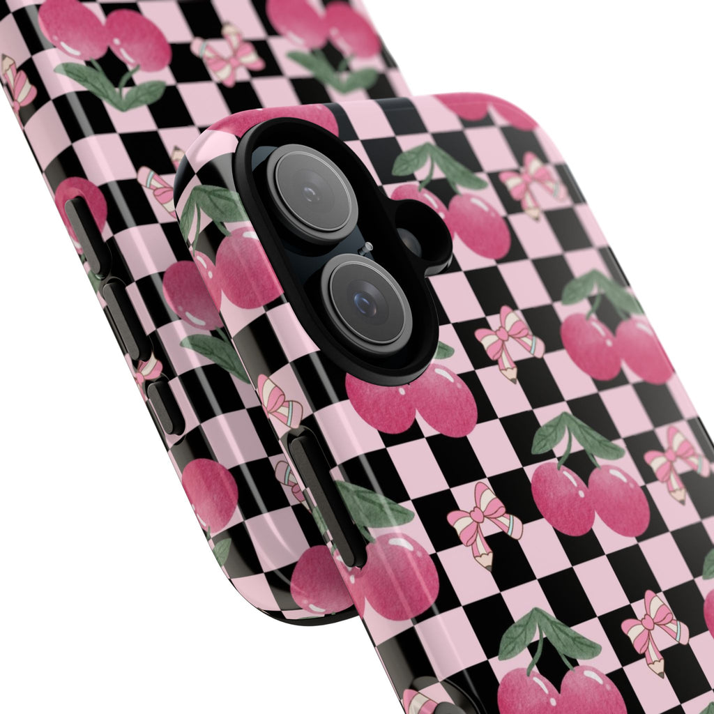 Cherry Checkered Phone Case — Pink Cherries on Black & White Checkerboard