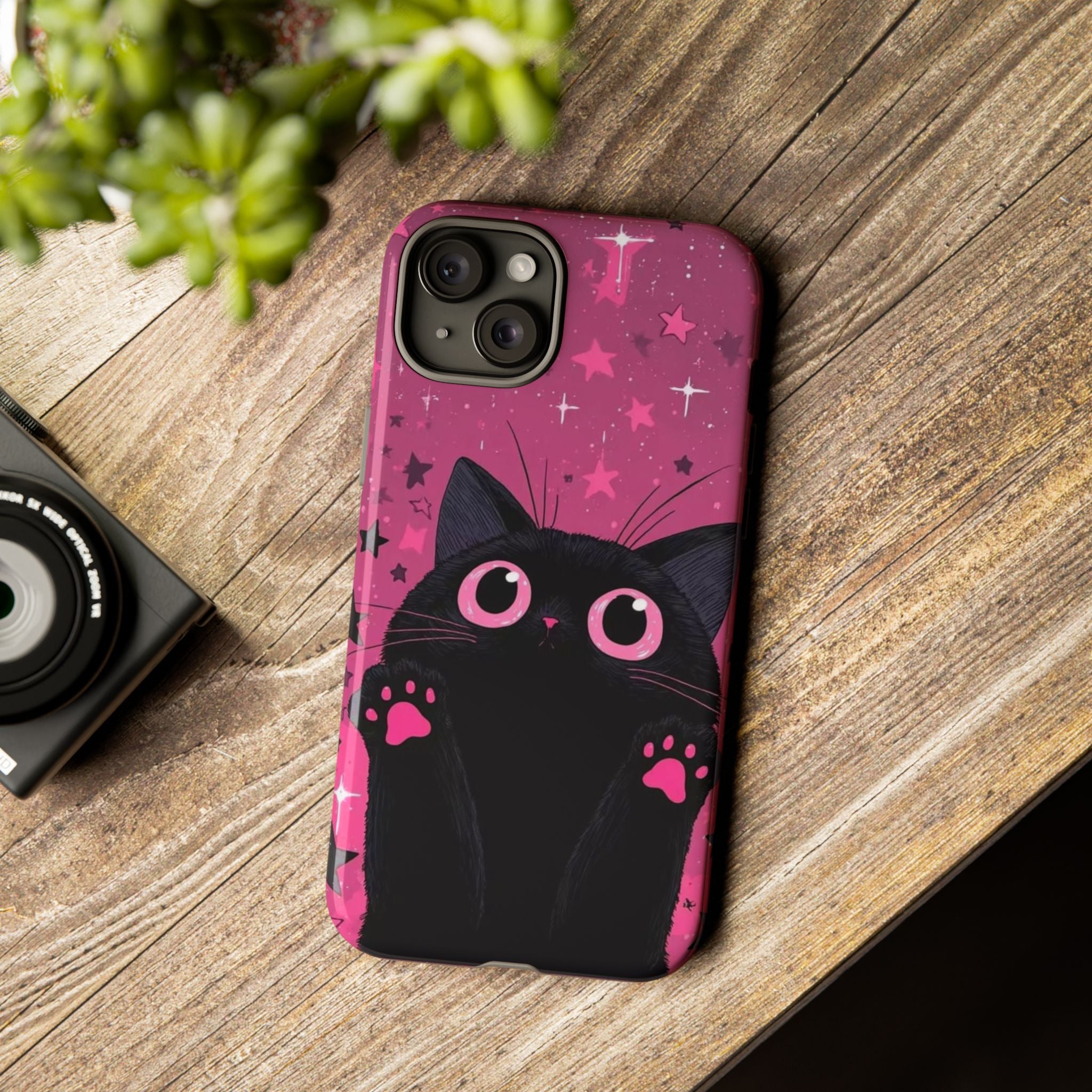 Cat Paw Pink Galaxy Phone Case — Cute Black Kitten iPhone Cover
