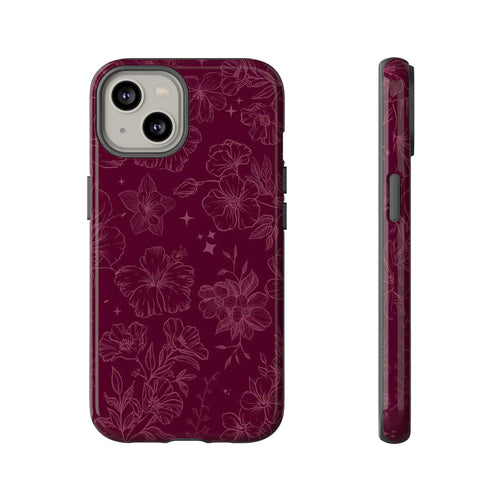 Burgundy Floral Tough Phone Case — Protective Hibiscus Pattern