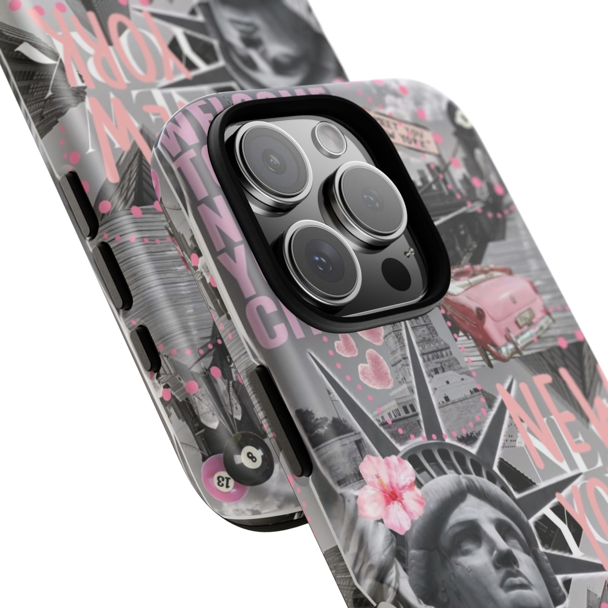 New York Collage Phone Case — Pink Retro Statue of Liberty Design