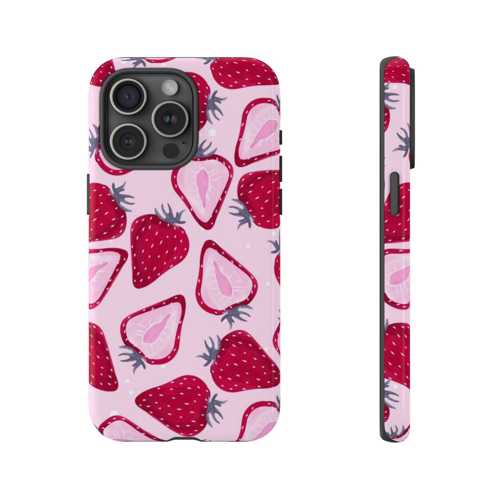 Strawberry Pattern Tough Phone Case — Pink Fruit Protective Cover
