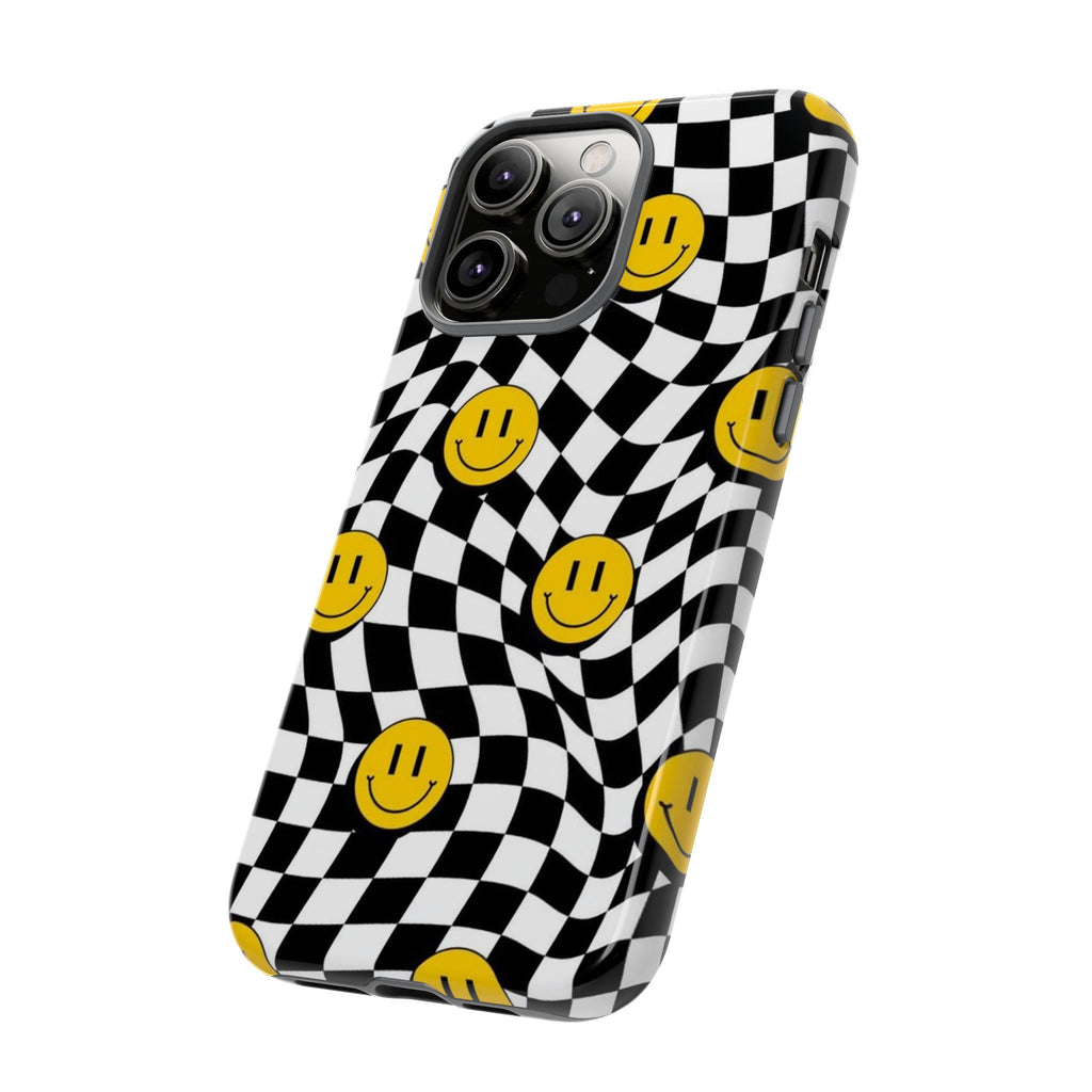 Smiley Checkerboard Tough Phone Case — Retro Wavy Black & White Design