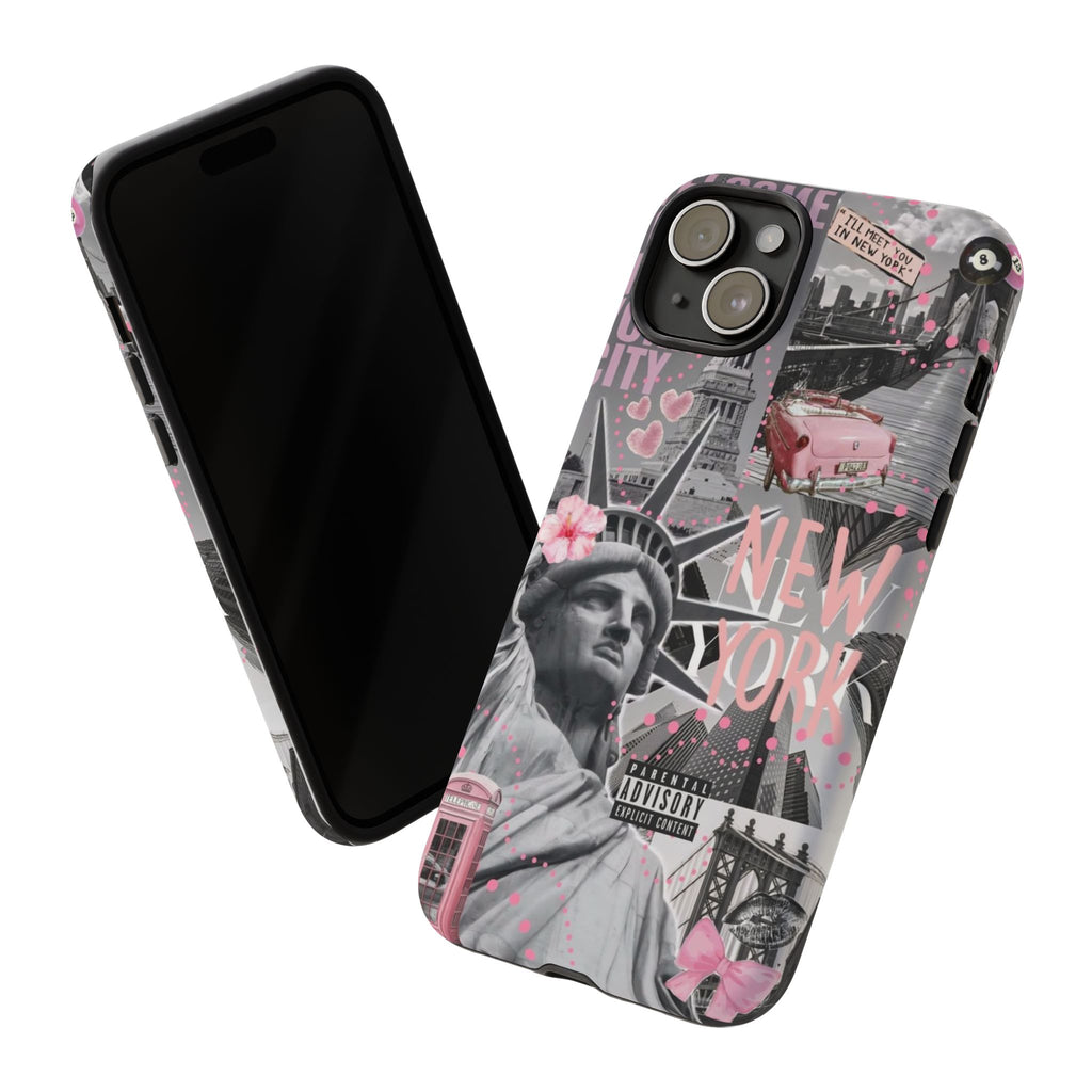 New York Collage Phone Case — Pink Retro Statue of Liberty Design
