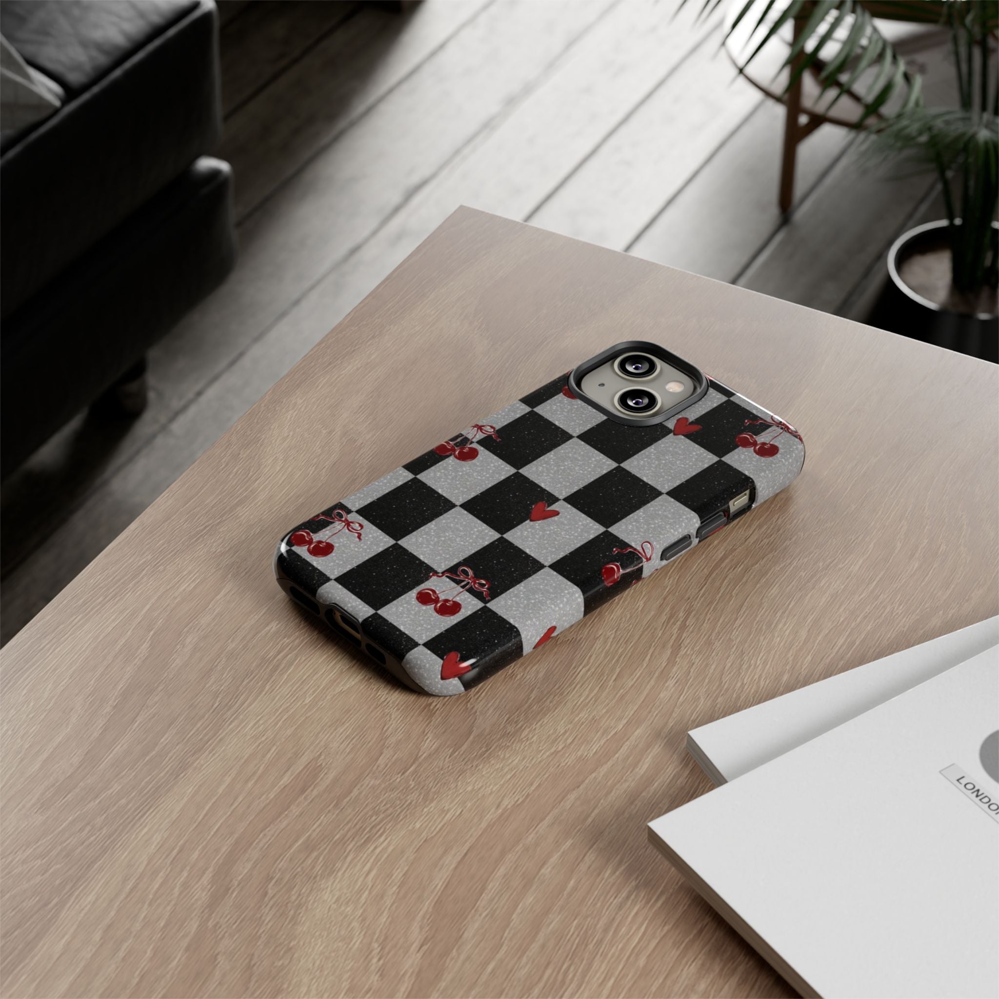 Cherry Checker Phone Case — Retro Black & White Plaid with Red Hearts
