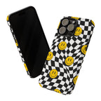 Smiley Checkerboard Tough Phone Case — Retro Wavy Black & White Design