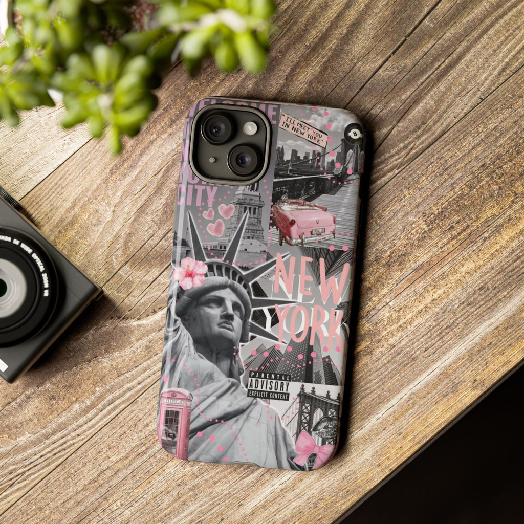 New York Collage Phone Case — Pink Retro Statue of Liberty Design