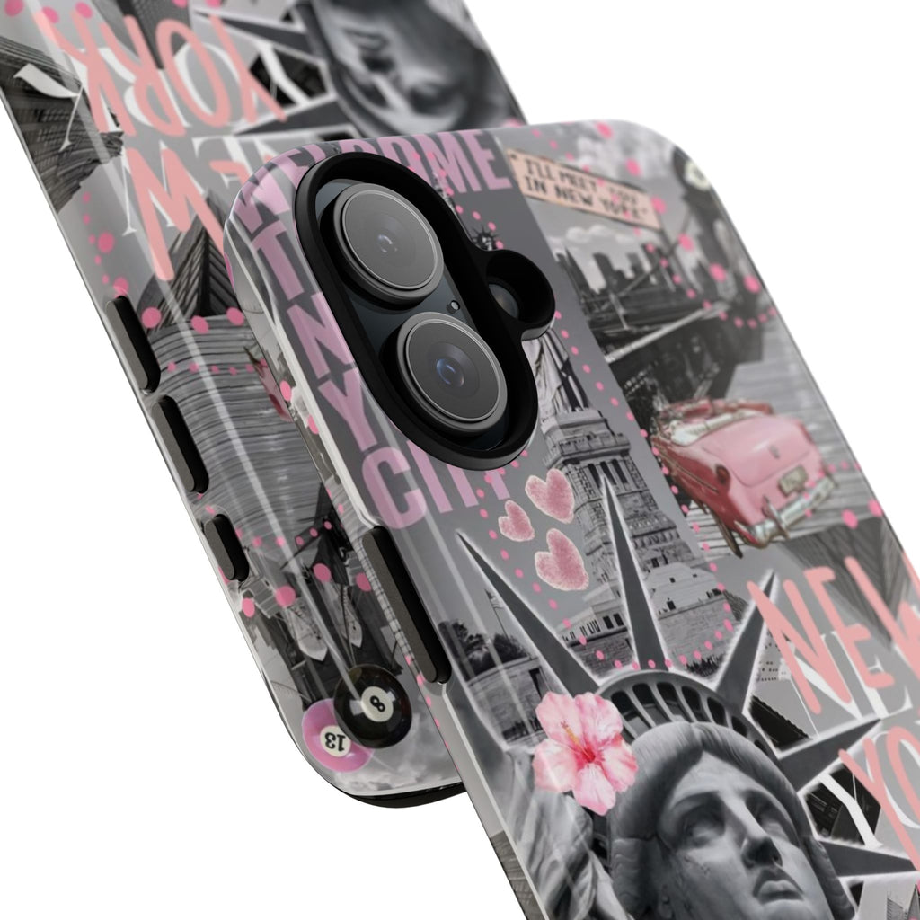 New York Collage Phone Case — Pink Retro Statue of Liberty Design