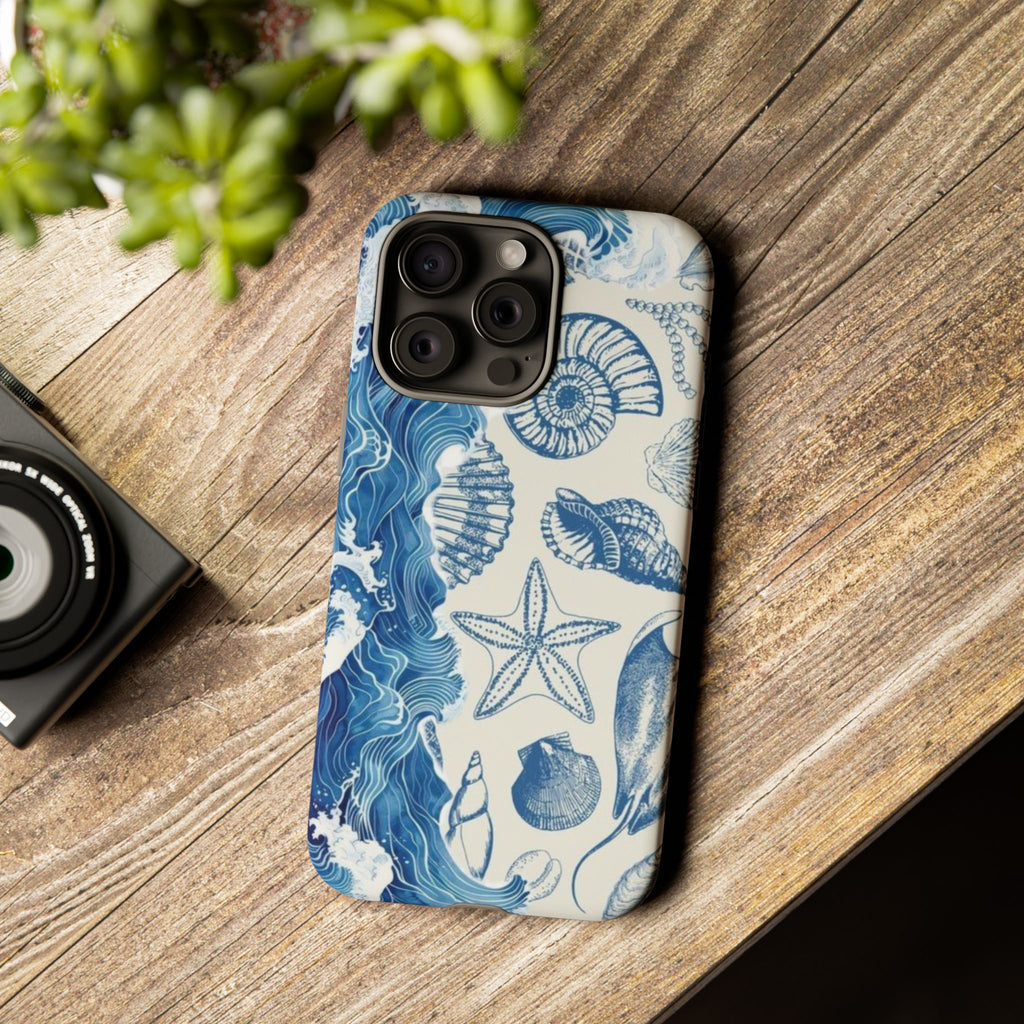 Ocean Shells Tough Phone Case — Blue Nautical Seashell iPhone Cover