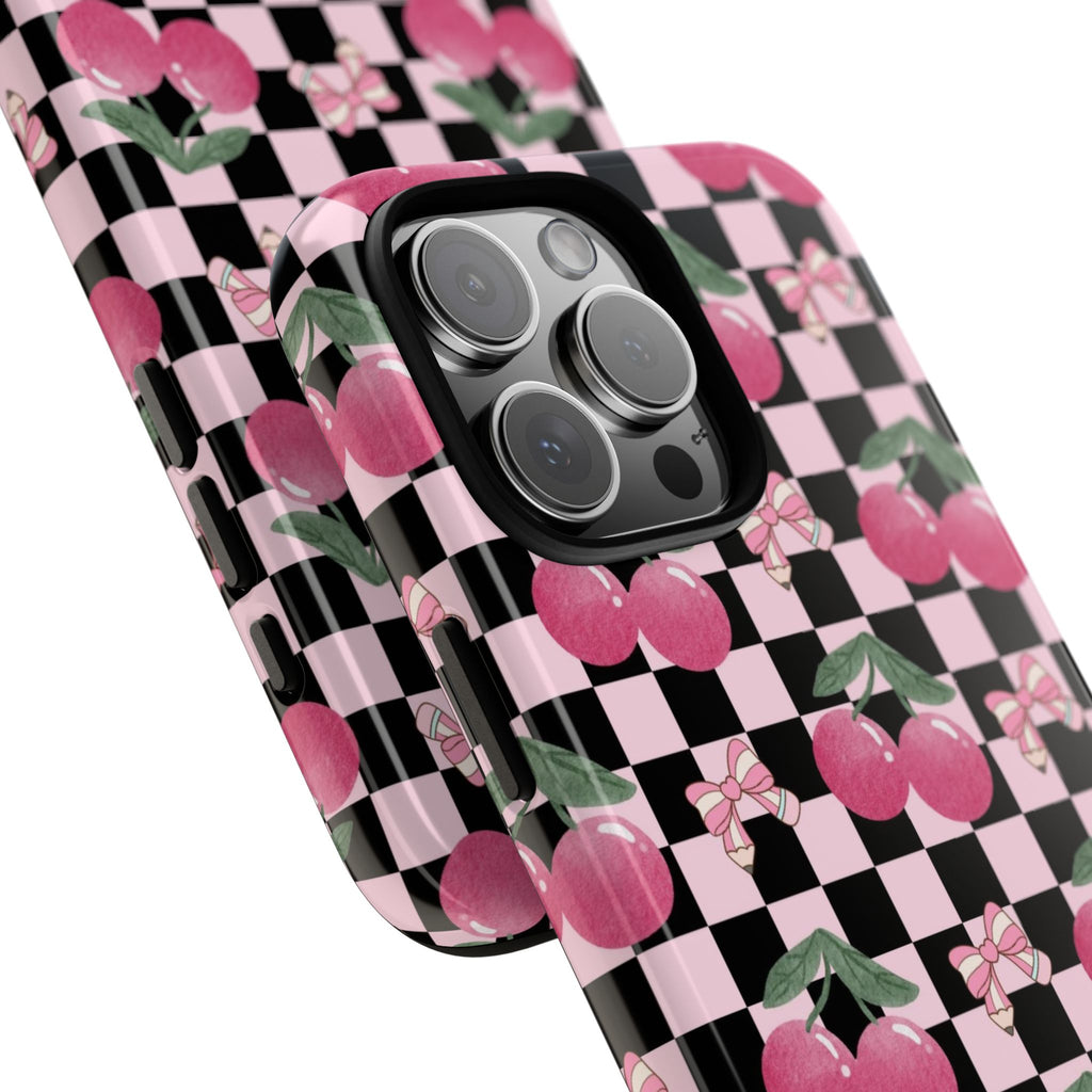 Cherry Checkered Phone Case — Pink Cherries on Black & White Checkerboard