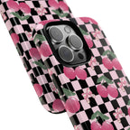 Cherry Checkered Phone Case — Pink Cherries on Black & White Checkerboard