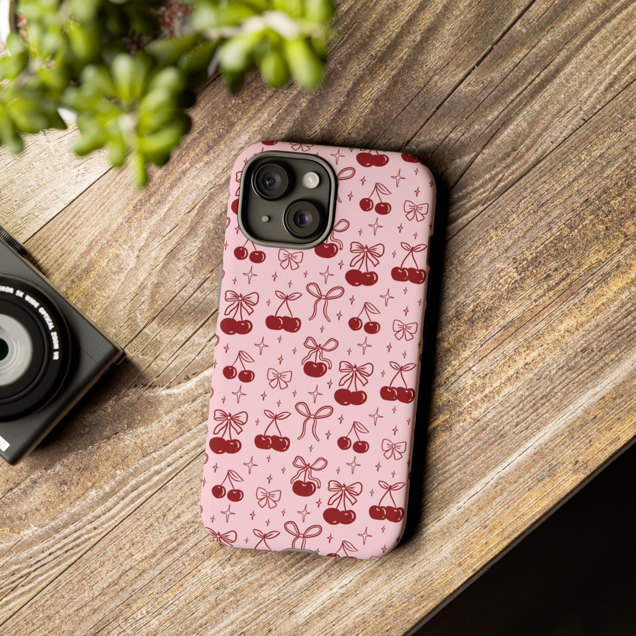 Cherry Pattern Phone Case — Cute Pink Cherries with Bows Durable Tough Case