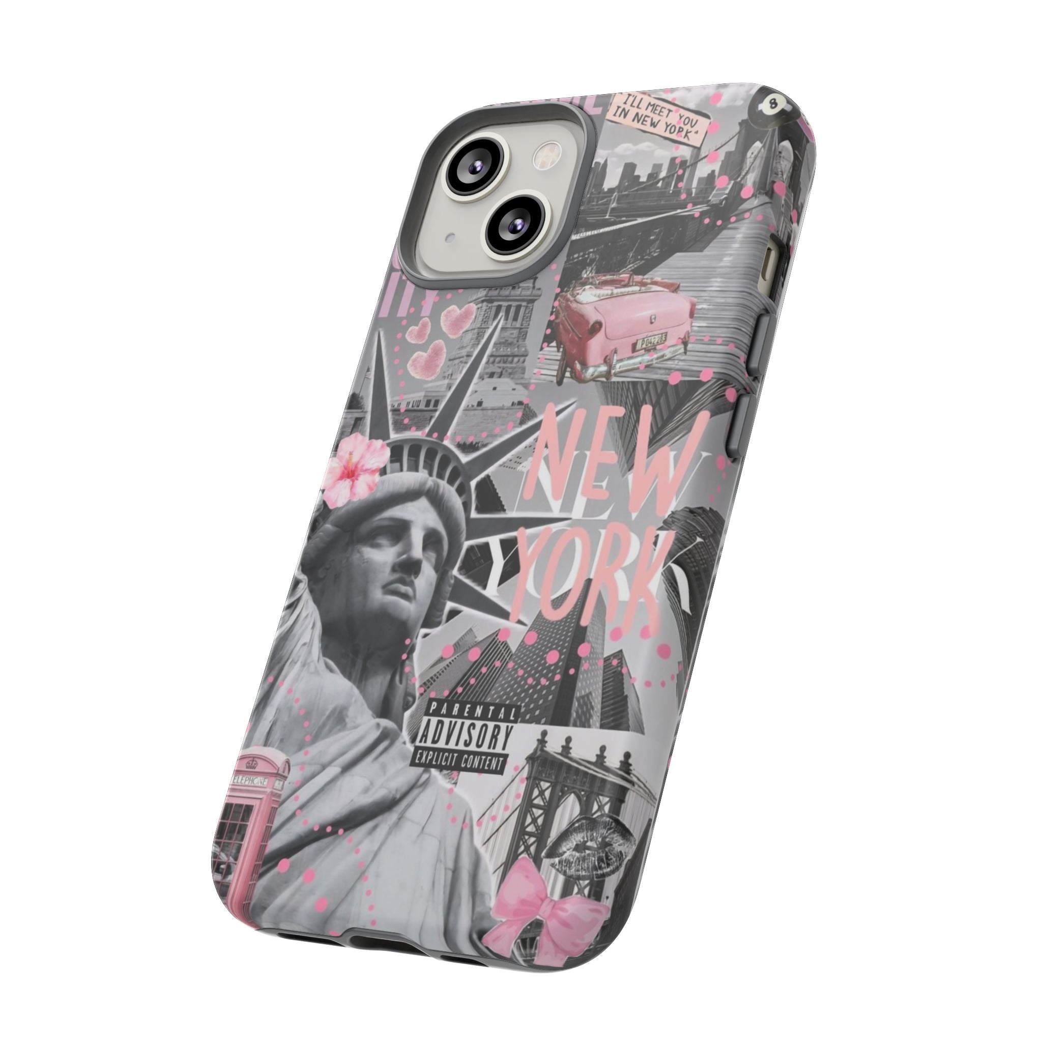 New York Collage Phone Case — Pink Retro Statue of Liberty Design