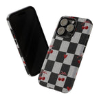 Cherry Checker Phone Case — Retro Black & White Plaid with Red Hearts