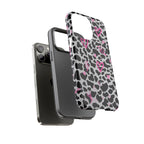 Phone Case — Black & White Cow Print with Pink Hand-Drawn Hearts