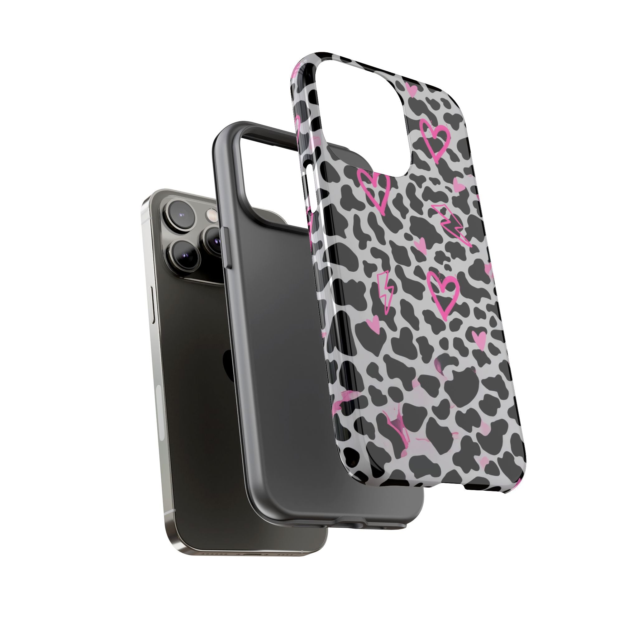 Phone Case — Black & White Cow Print with Pink Hand-Drawn Hearts