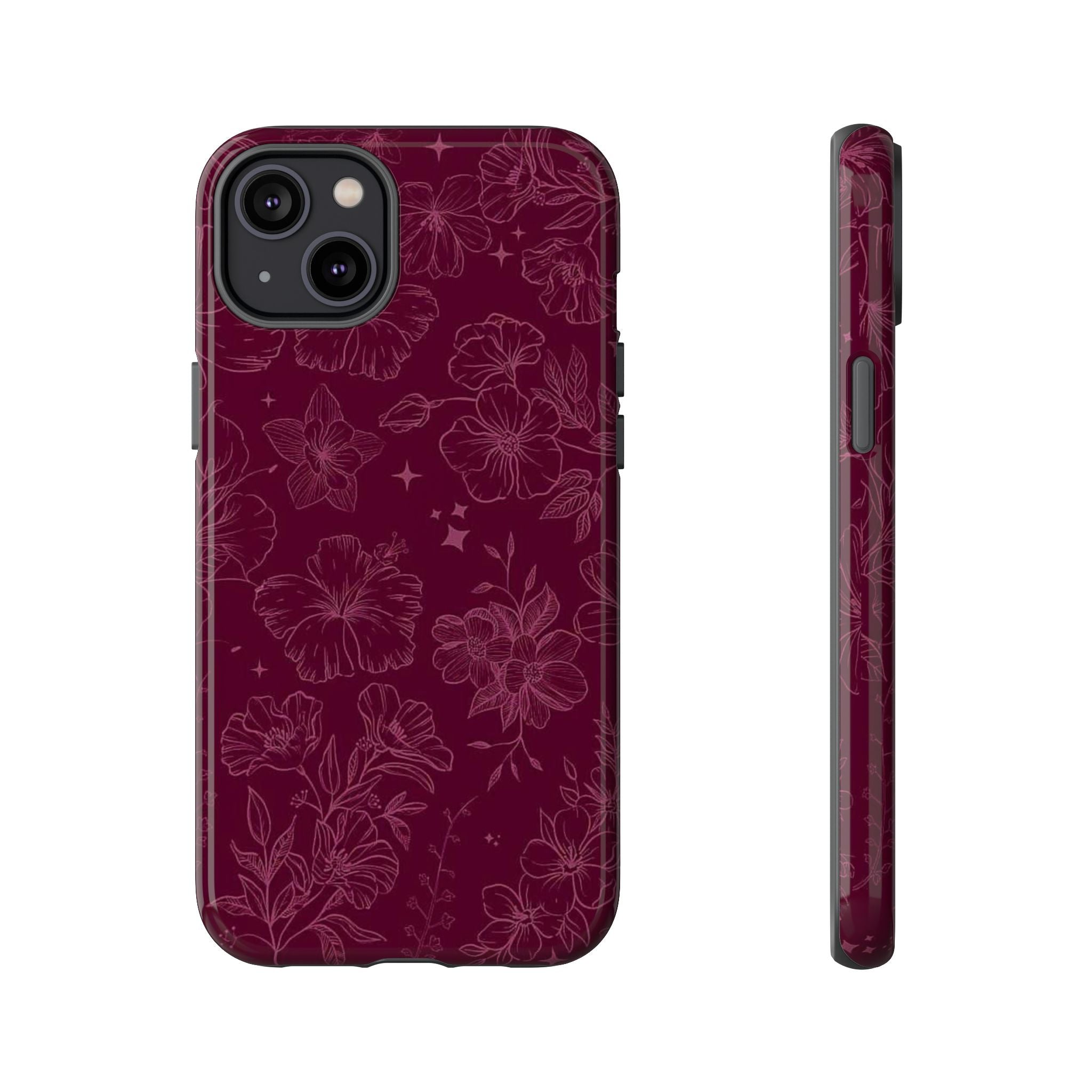 Burgundy Floral Tough Phone Case — Protective Hibiscus Pattern