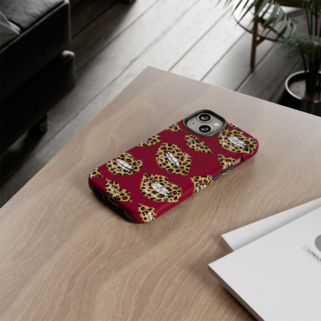 Phone Case — Leopard Lips Pattern on Burgundy