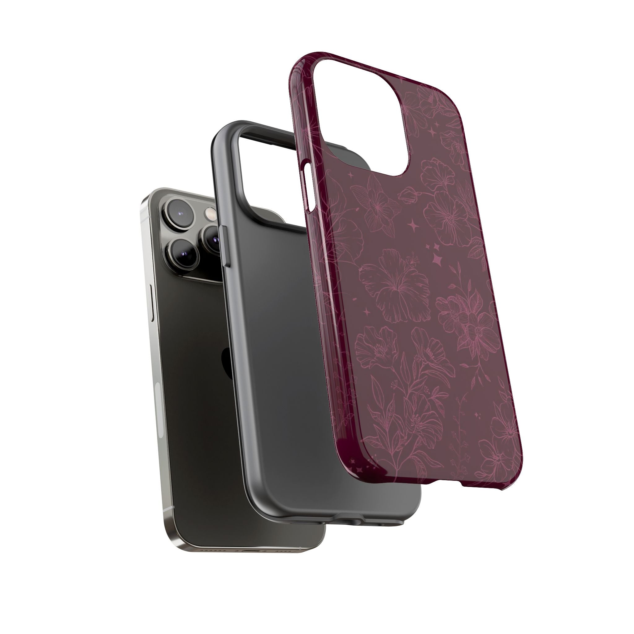 Burgundy Floral Tough Phone Case — Protective Hibiscus Pattern