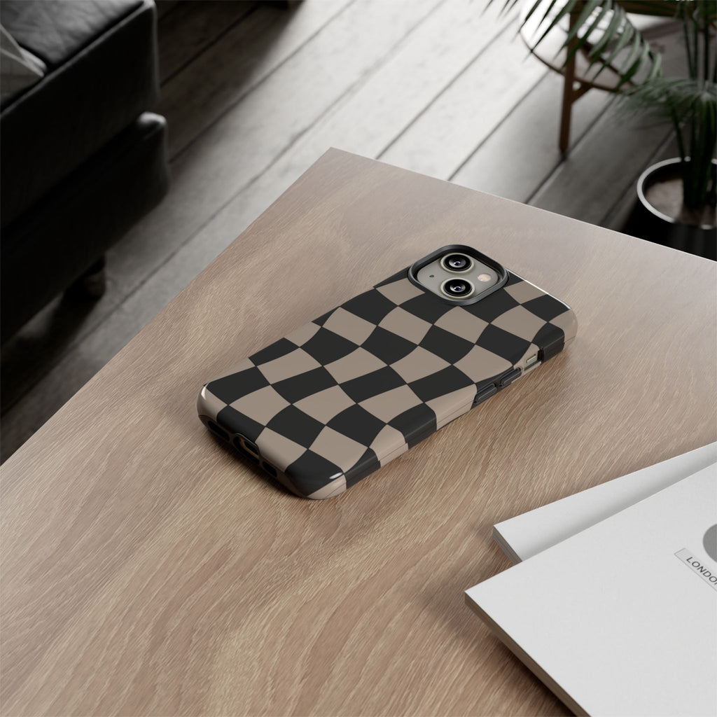 Wavy Checkerboard Phone Case — Retro Black & Beige Pattern, Durable Protective Cover