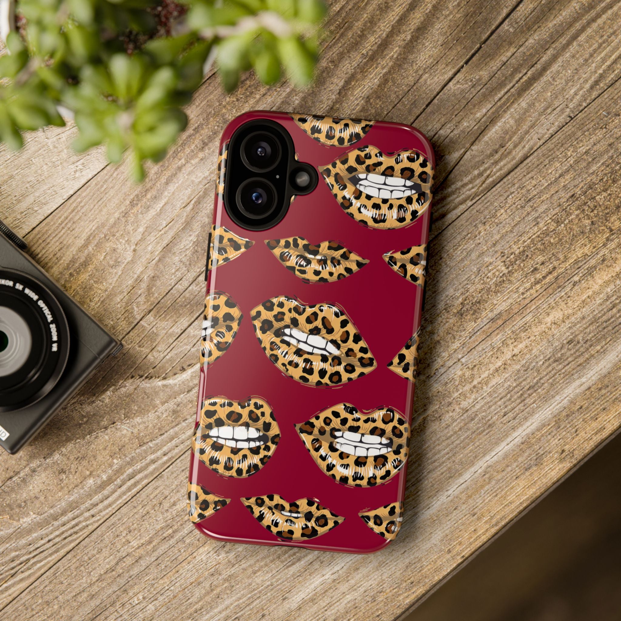 Phone Case — Leopard Lips Pattern on Burgundy