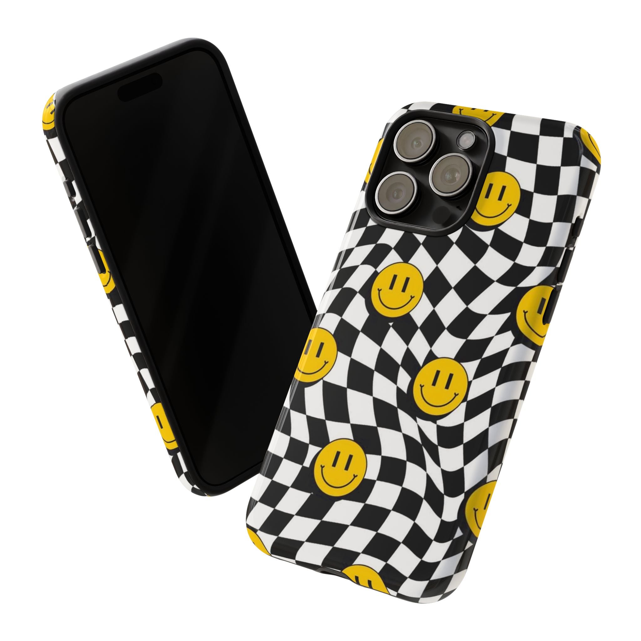 Smiley Checkerboard Tough Phone Case — Retro Wavy Black & White Design