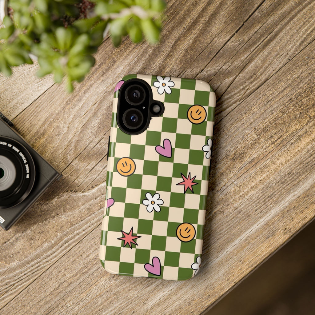 Green Checkered Floral & Smile Phone Case — Cute Heart, Daisy & Smile Pattern