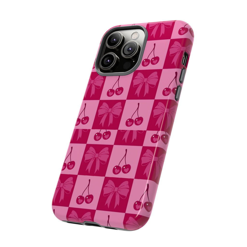 Cherry Checker Tough Phone Case — Pink Retro Bow Pattern