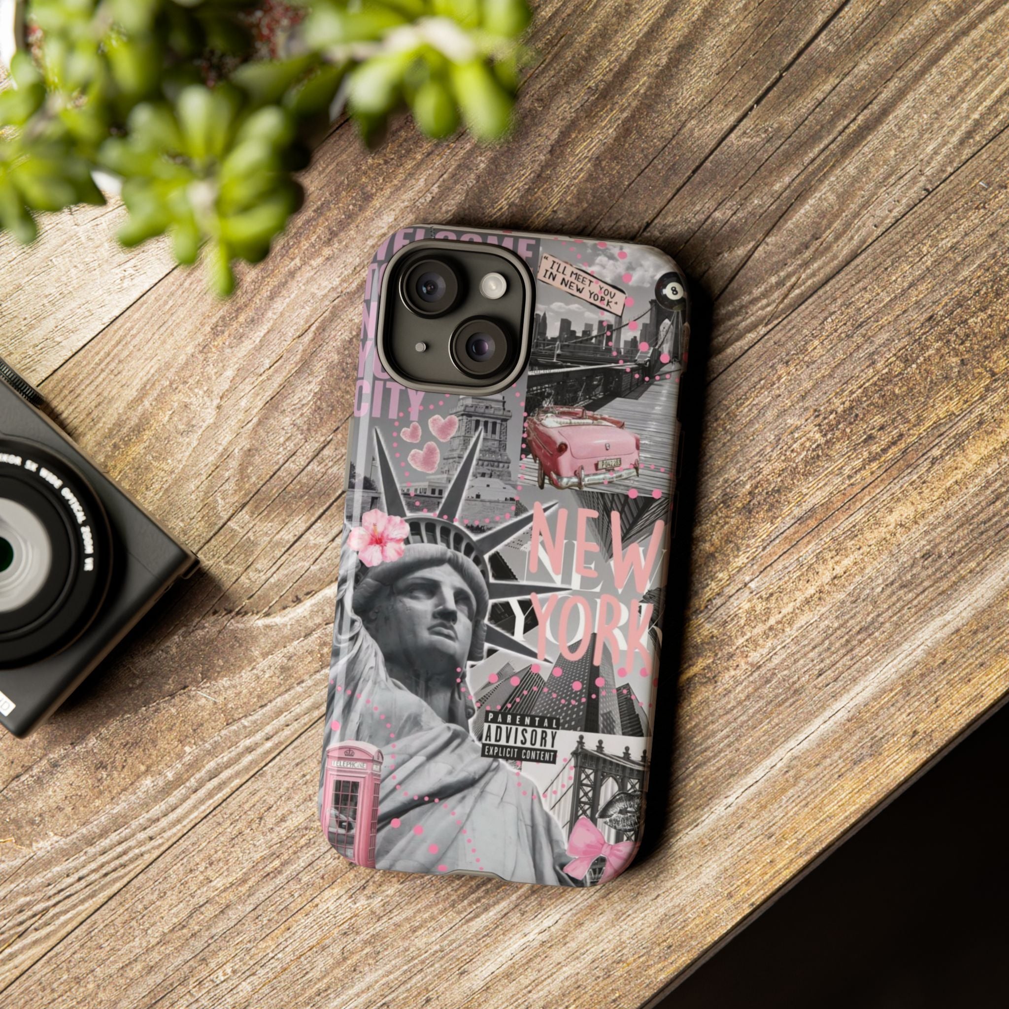 New York Collage Phone Case — Pink Retro Statue of Liberty Design