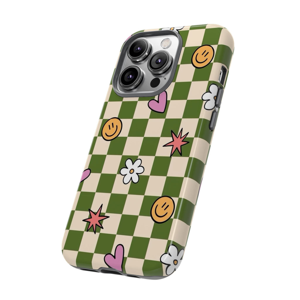 Green Checkered Floral & Smile Phone Case — Cute Heart, Daisy & Smile Pattern