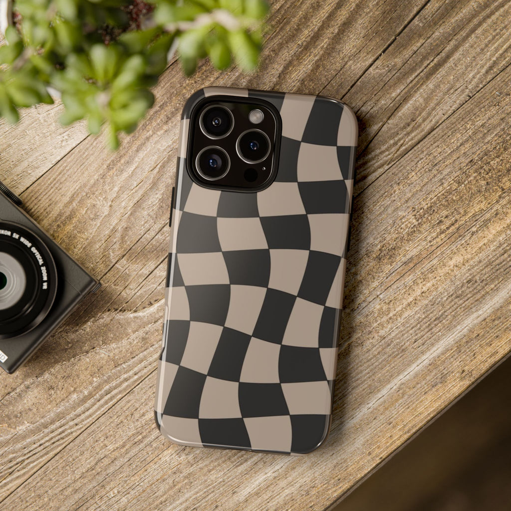 Wavy Checkerboard Phone Case — Retro Black & Beige Pattern, Durable Protective Cover