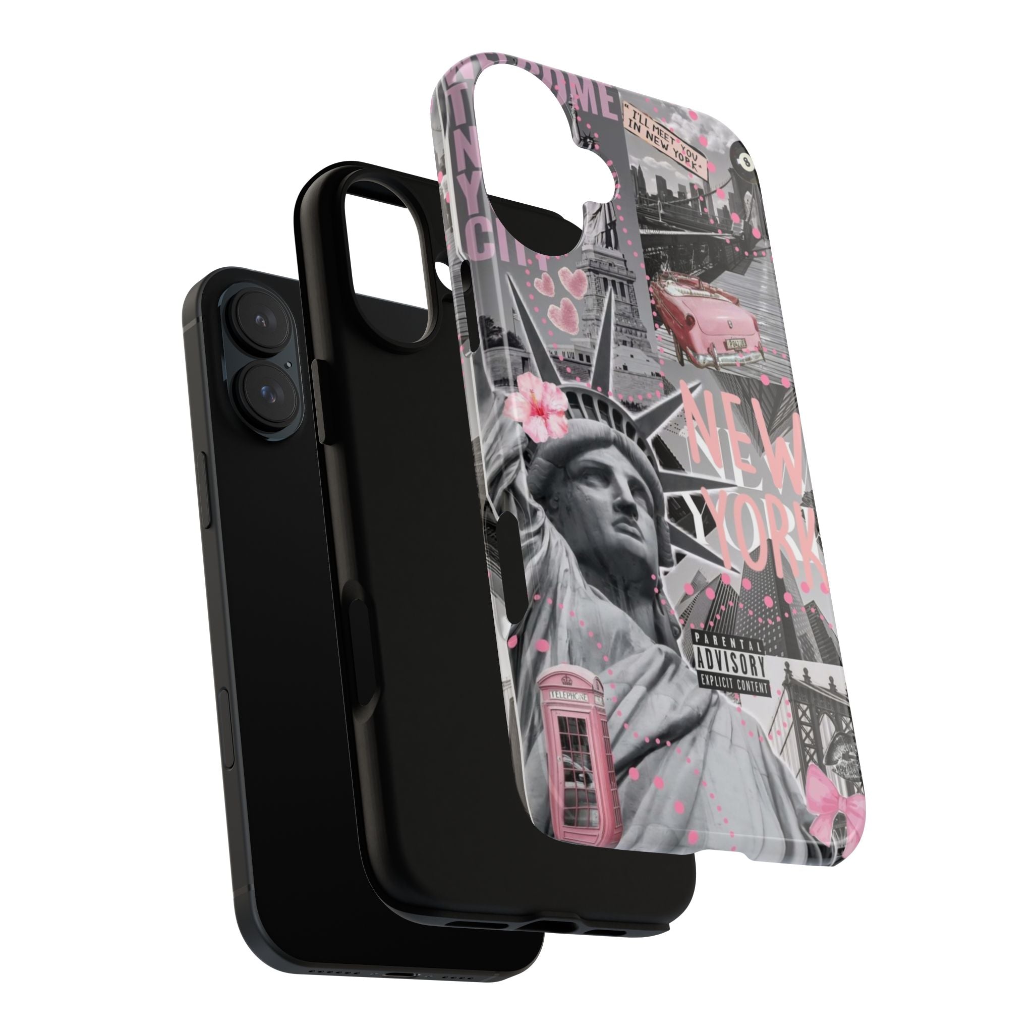 New York Collage Phone Case — Pink Retro Statue of Liberty Design