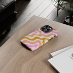 Retro Wavy Pattern Tough Phone Case — Pink, Peach & Mustard Abstract Design