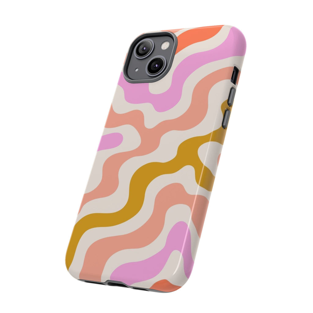 Retro Wavy Pattern Tough Phone Case — Pink, Peach & Mustard Abstract Design