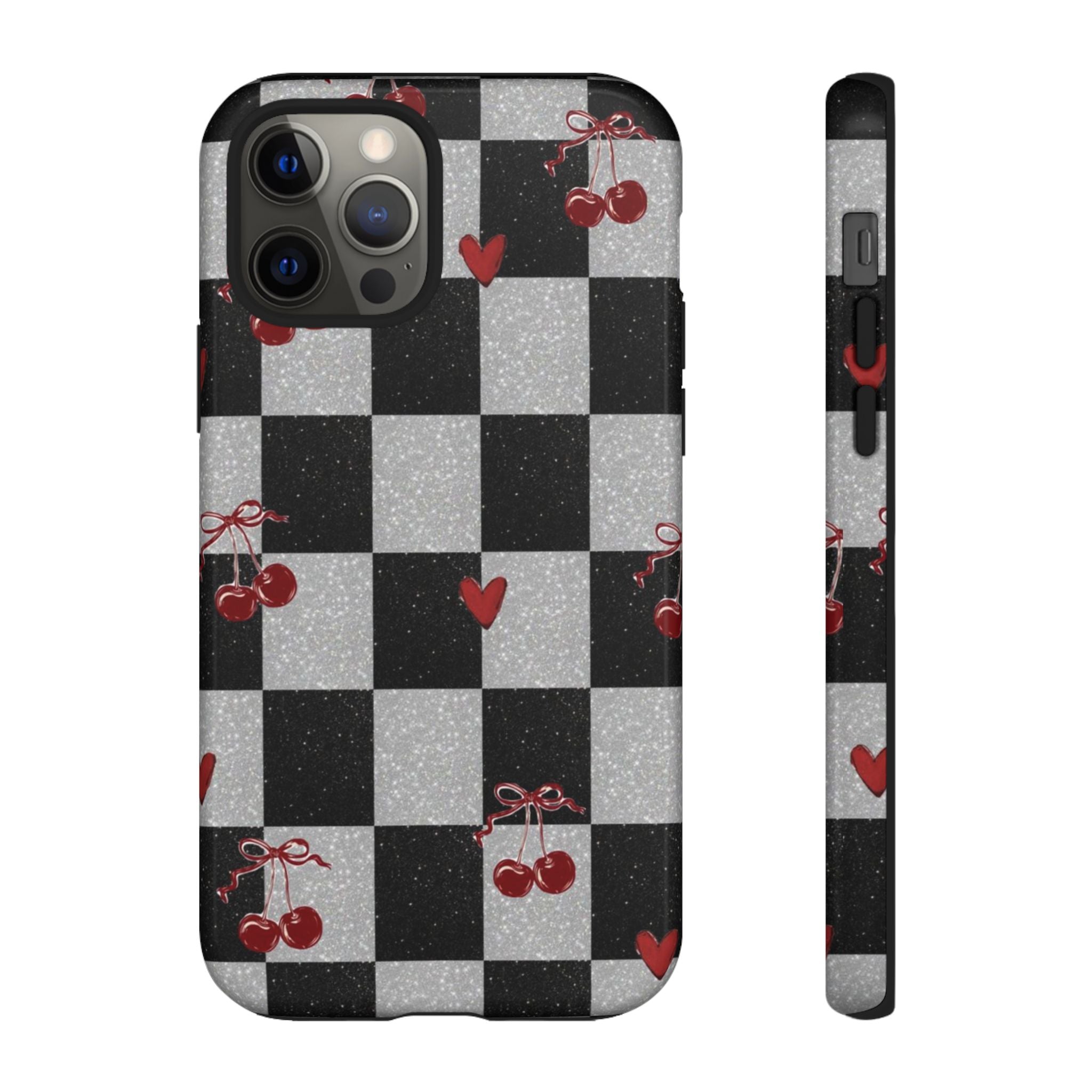 Cherry Checker Phone Case — Retro Black & White Plaid with Red Hearts