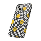 Smiley Checkerboard Tough Phone Case — Retro Wavy Black & White Design