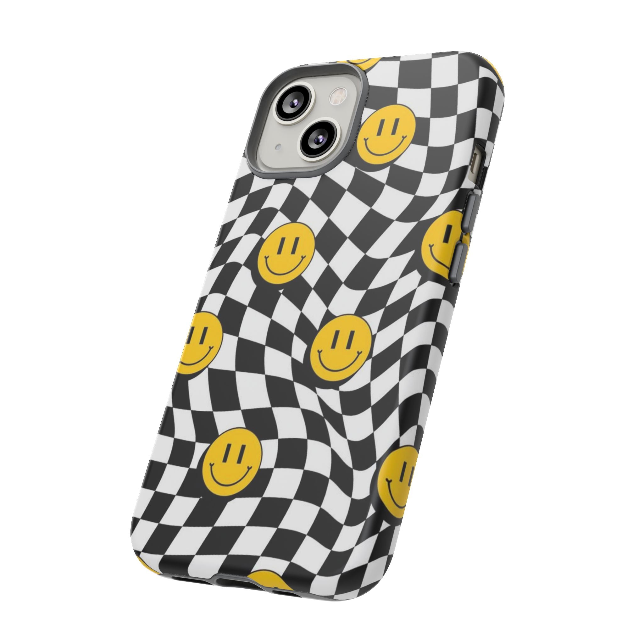 Smiley Checkerboard Tough Phone Case — Retro Wavy Black & White Design