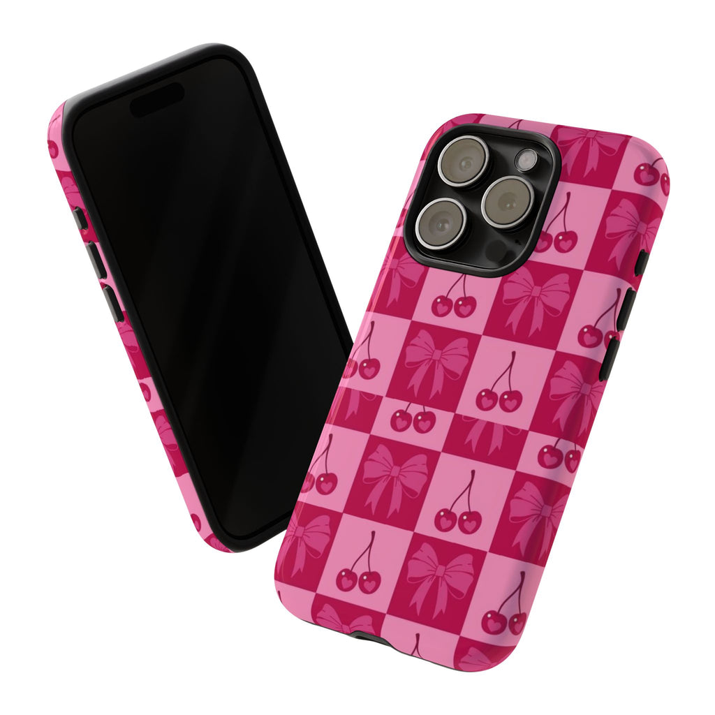 Cherry Checker Tough Phone Case — Pink Retro Bow Pattern