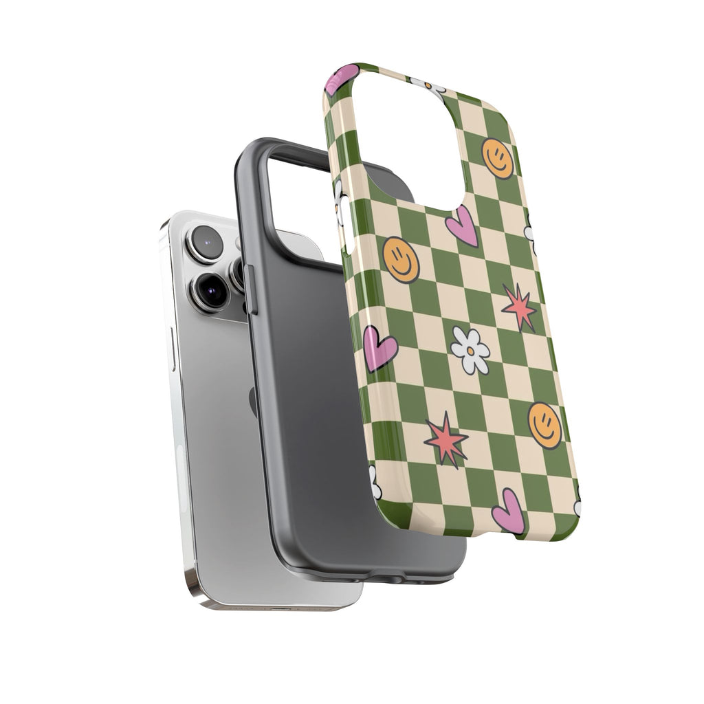 Green Checkered Floral & Smile Phone Case — Cute Heart, Daisy & Smile Pattern